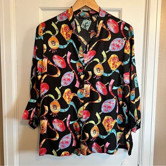 Citron Santa Monica M Silk Blouse Button Front Lantern Asian Print 100% silk - Picture 1 of 6